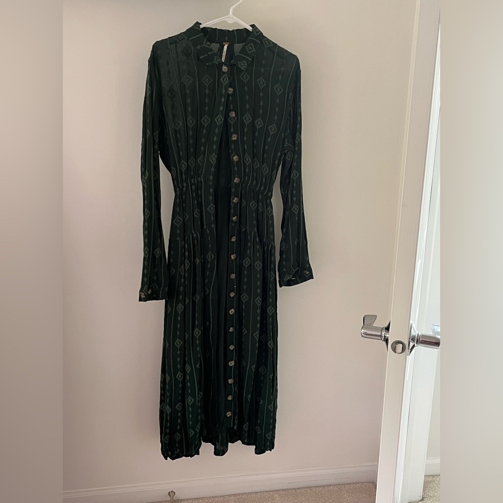 Free People Dark Green Patterned Long Sleeve Dress